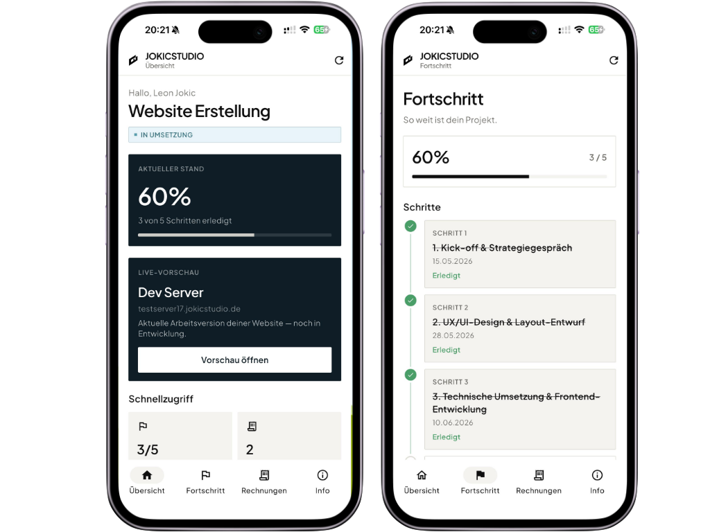 JOKICSTUDIO App – Übersicht und Fortschritt